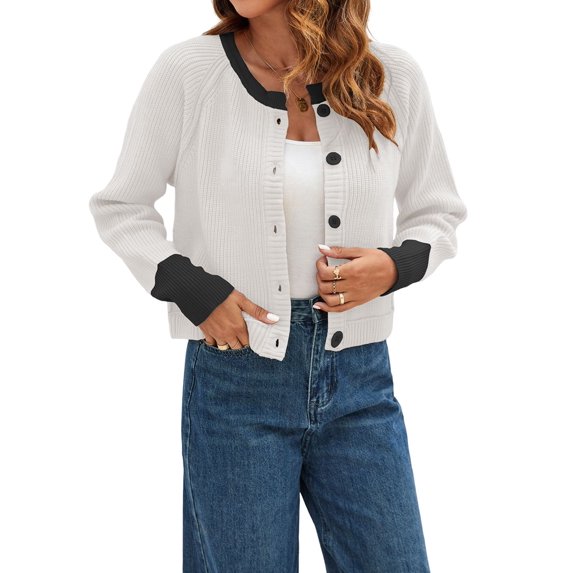 Women'S Cropped Cardigan Sweaters Fall Long Sleeve Open Front Button Down Color Block Knit Outwear Coats White S