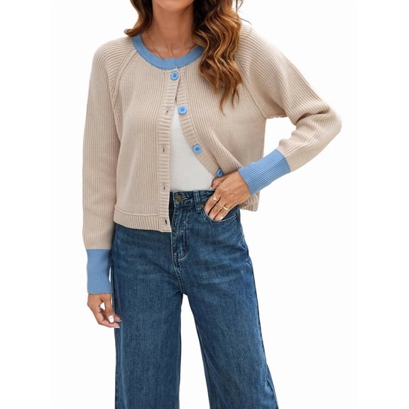 Women'S Cropped Cardigan Sweaters Fall Long Sleeve Open Front Button Down Color Block Knit Outwear Coats XL