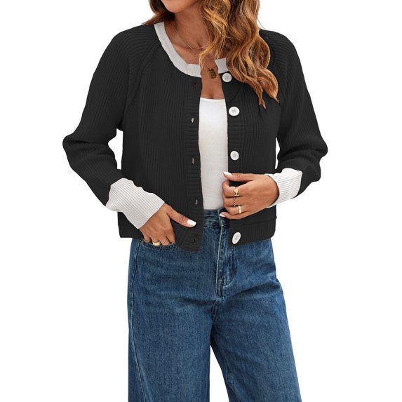 Women'S Cropped Cardigan Sweaters Fall Long Sleeve Open Front Button Down Color Block Knit Outwear Coats