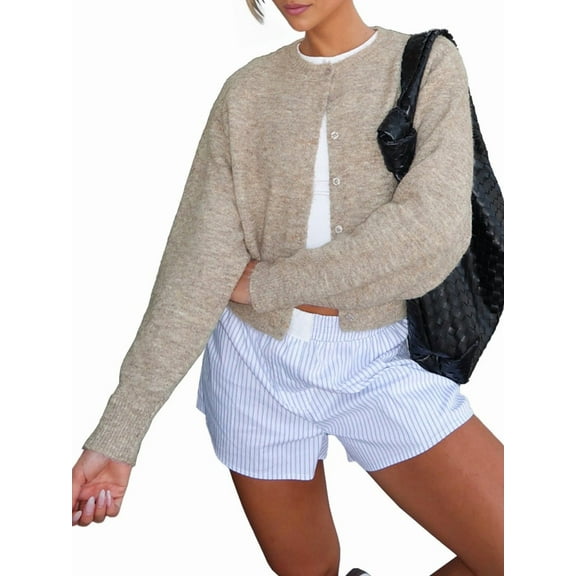 Women'S Cropped Cardigan Sweaters Long Sleeve Button Down Sweaters Knit Cardigan Cute Y2k  Coffee S