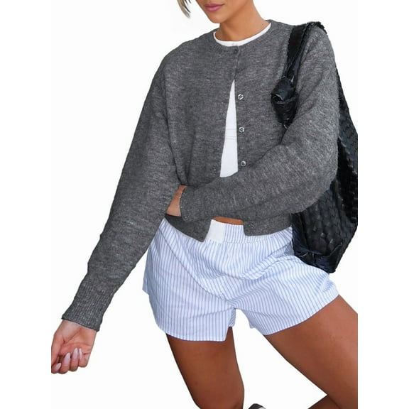 Women'S Cropped Cardigan Sweaters Long Sleeve Button Down Sweaters Knit Cardigan Cute Y2k Dark Gray M