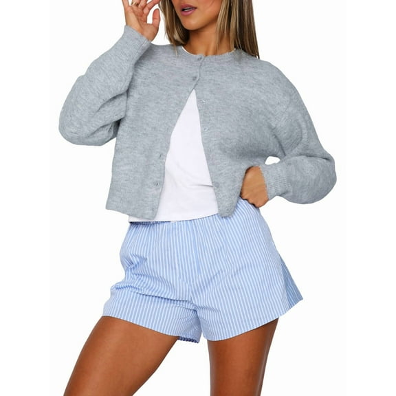 Women'S Cropped Cardigan Sweaters Long Sleeve Button Down Sweaters Knit Cardigan Cute Y2k Flower Gray L