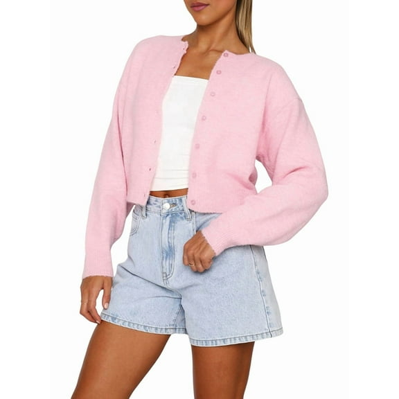 Women'S Cropped Cardigan Sweaters Long Sleeve Button Down Sweaters Knit Cardigan Cute Y2k Open Front Crop Top Pink S