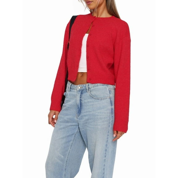 Women'S Cropped Cardigan Sweaters Long Sleeve Button Down Sweaters Knit Cardigan Cute Y2k Open Front Crop Top Red L