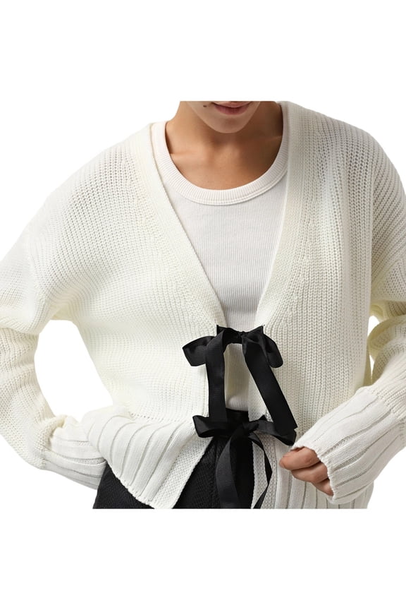 Women'S Cropped Cardigan V Neck Bo-W Tie Long Sleeve Knit Trendy Sweaters Open Front Outerwear Tops White L