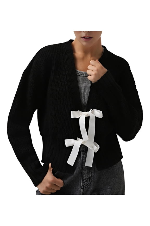 Women'S Cropped Cardigan V Neck Bo-W Tie Long Sleeve Knit Trendy Sweaters Open Front Outerwear Tops