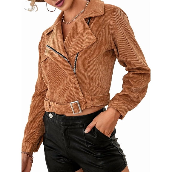 Women'S Cropped Corduroy Belted Jacket Jacket Coat Khaki S
