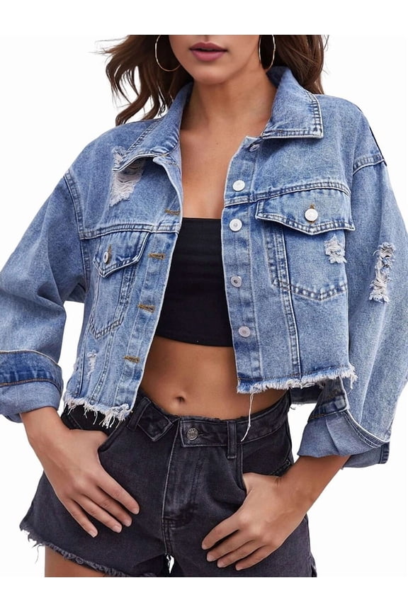 Women'S Cropped Denim Jacket Distressed Button-Down Jean Jacket Long Sleeve Ripped & Frayed Blue Coat Blue L