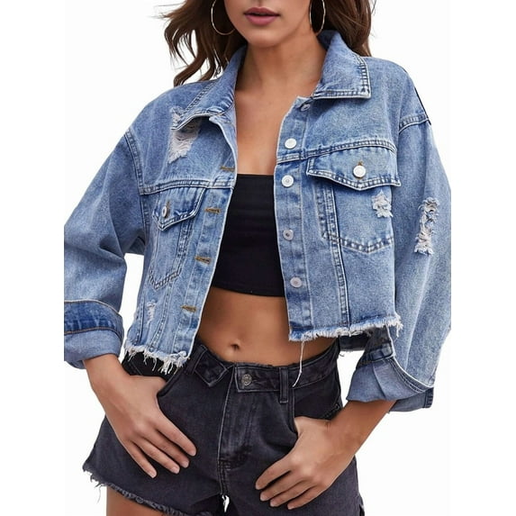 Women'S Cropped Denim Jacket Distressed Button-Down Jean Jacket Long Sleeve Ripped & Frayed Blue Coat Blue M