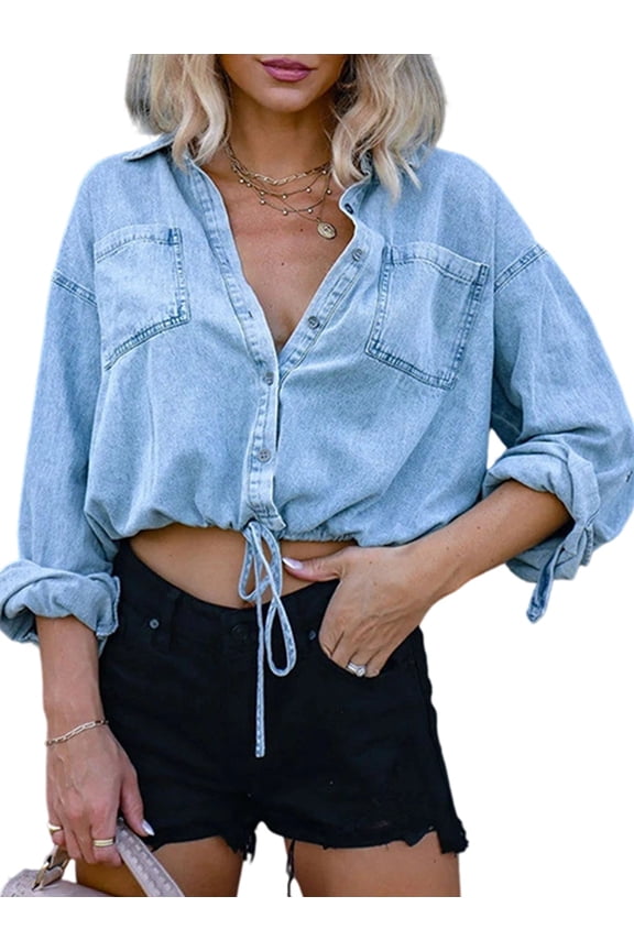 Women'S Cropped Denim Shirt Roll Up 3/4 Sleeve Casual Loose Crop Tops Drawstring Hem Button Front Jean Jacket Blue L