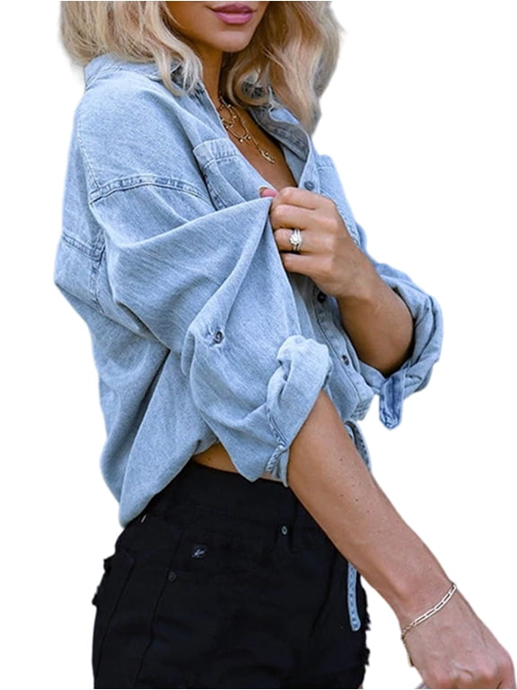 Women'S Cropped Denim Shirt Roll Up 3/4 Sleeve Casual Loose Crop Tops Drawstring Hem Button Front Jean Jacket Blue M