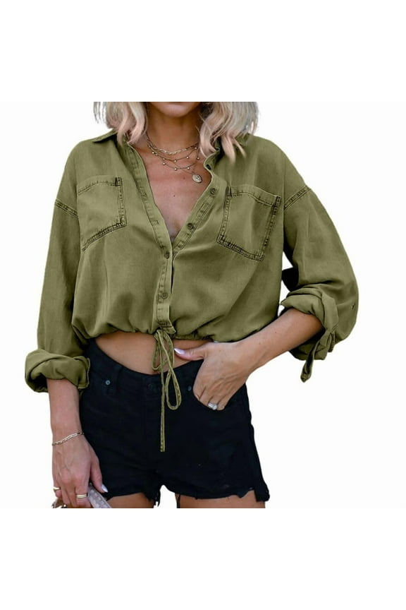 Women'S Cropped Denim Shirt Roll Up 3/4 Sleeve Casual Loose Drawstring Hem Button Front Jean Jacket Olive Color XL