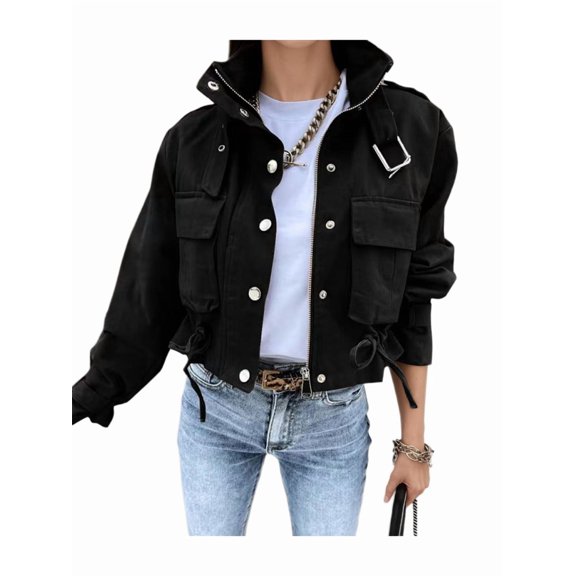 Women'S Cropped Jacket Zip Up Snap Buttons Casual Stand Collar Drawstring Waist Short Fall Jackets Black M
