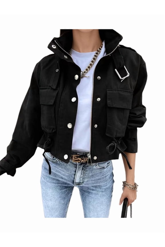 Women'S Cropped Jacket Zip Up Snap Buttons Casual Stand Collar Drawstring Waist Short Fall Jackets Black M