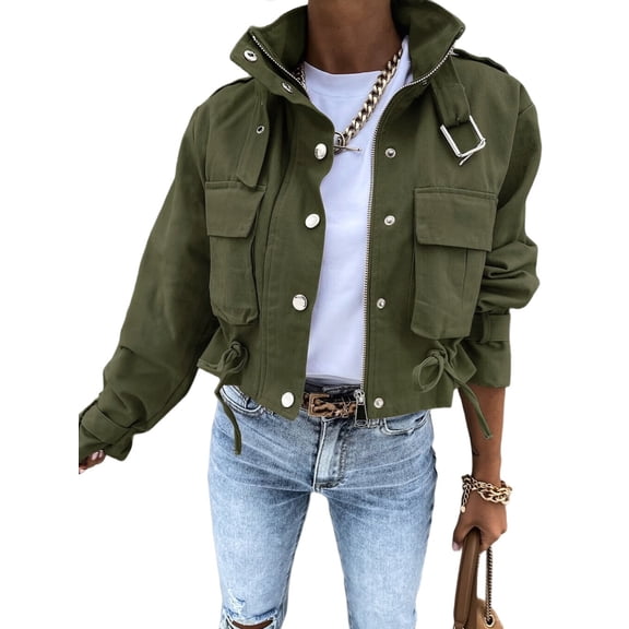 Women'S Cropped Jacket Zip Up Snap Buttons Casual Stand Collar Drawstring Waist Short Fall Jackets Green L