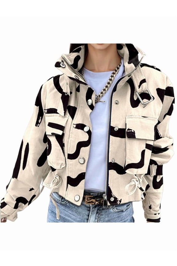 Women'S Cropped Jacket Zip Up Snap Buttons Casual Stand Collar Drawstring Waist Short Fall Jackets Khaki XL