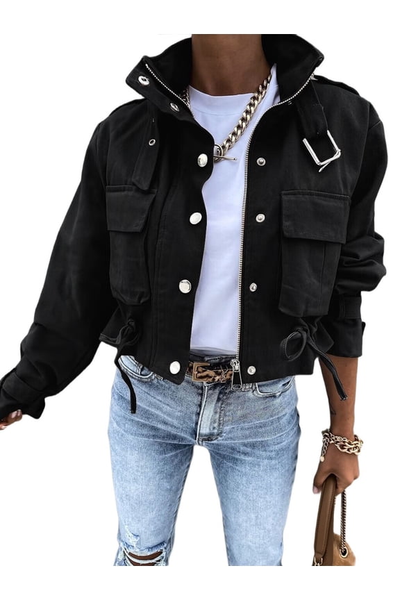 Women'S Cropped Jacket Zip Up Snap Buttons Casual Stand Collar Drawstring Waist Short Fall Jackets