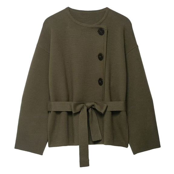 Women'S Cropped Knit Coat Long Sleeve Round Neck Double Breasted Casual Coat with Belt Green S
