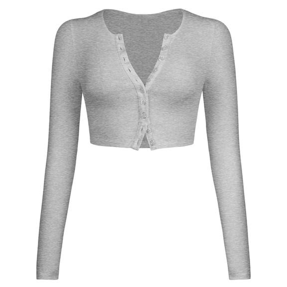 Women'S Cropped Long Sleeve Knit Cardigan V Neck Button, For Dress Jeans, Grey