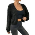 thumbnail image 1 of Women'S Cropped Loose Plush Long Sleeve Open Front Knitted Cardigan Black S, 1 of 7