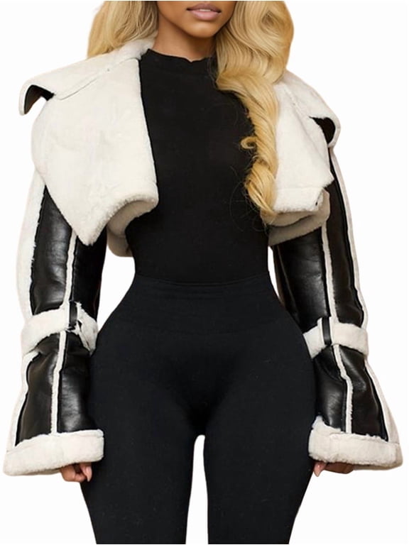 Women'S Cropped PU Leather Jacket with Fur Lining and Shearing Moto Texture Black L