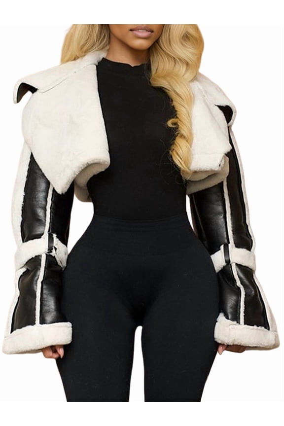 Women'S Cropped PU Leather Jacket with Fur Lining and Shearing Moto Texture Black L