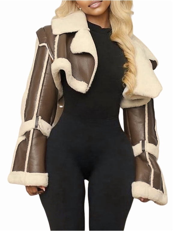 Women'S Cropped PU Leather Jacket with Fur Lining and Shearing Moto Texture Brown L