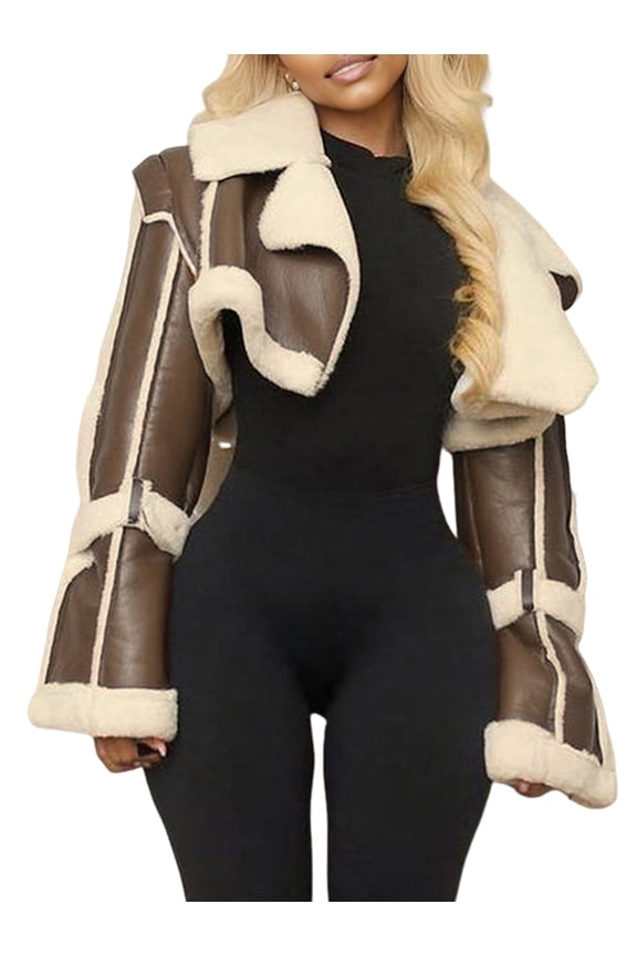 Women'S Cropped PU Leather Jacket with Fur Lining and Shearing Moto Texture Brown M