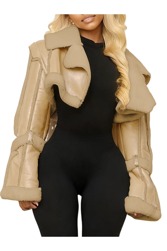 Women'S Cropped PU Leather Jacket with Fur Lining and Shearing Moto Texture Khaki L