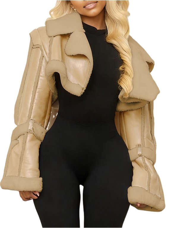 Women'S Cropped PU Leather Jacket with Fur Lining and Shearing Moto Texture Khaki L