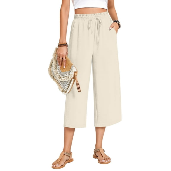 Women'S Cropped Pants Drawstring Casual with Pockets Loose High Waisted Wide Leg Lounge Pants Cream White XL