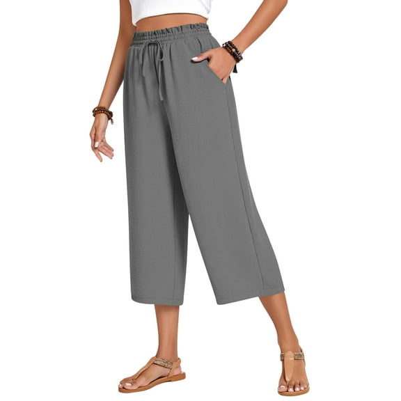 Women'S Cropped Pants Drawstring Casual with Pockets Loose High Waisted Wide Leg Lounge Pants Dark Grey M