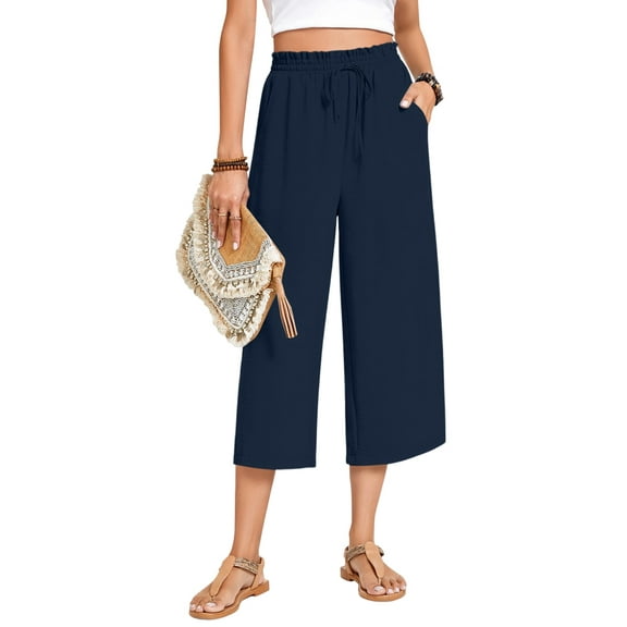 Women'S Cropped Pants Drawstring Casual with Pockets Loose High Waisted Wide Leg Lounge Pants Navy Blue M