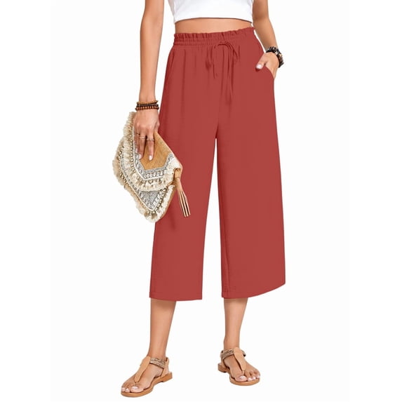 Women'S Cropped Pants Drawstring Casual with Pockets Loose High Waisted Wide Leg Lounge Pants Orange Red XL