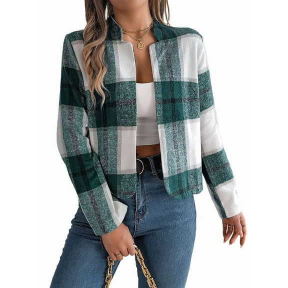 Women'S Cropped Plaid Shacket Jacket Button Down Long Sleeve Shirts Tops Green S