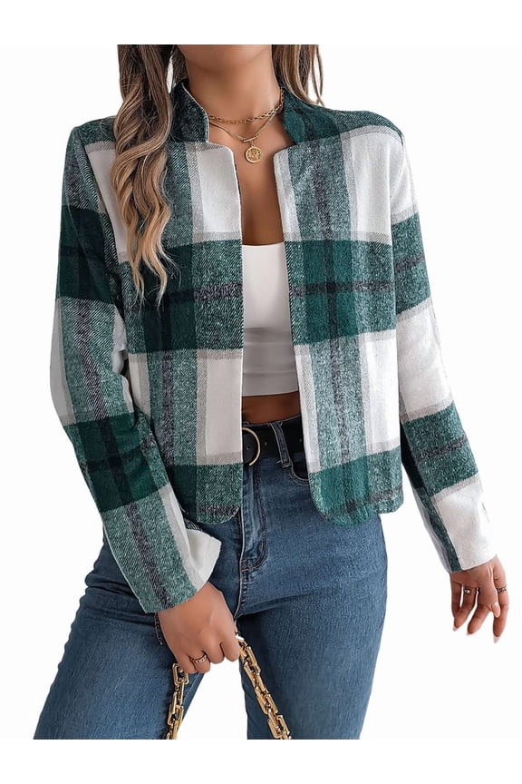Women'S Cropped Plaid Shacket Jacket Button Down Long Sleeve Shirts Tops Green S