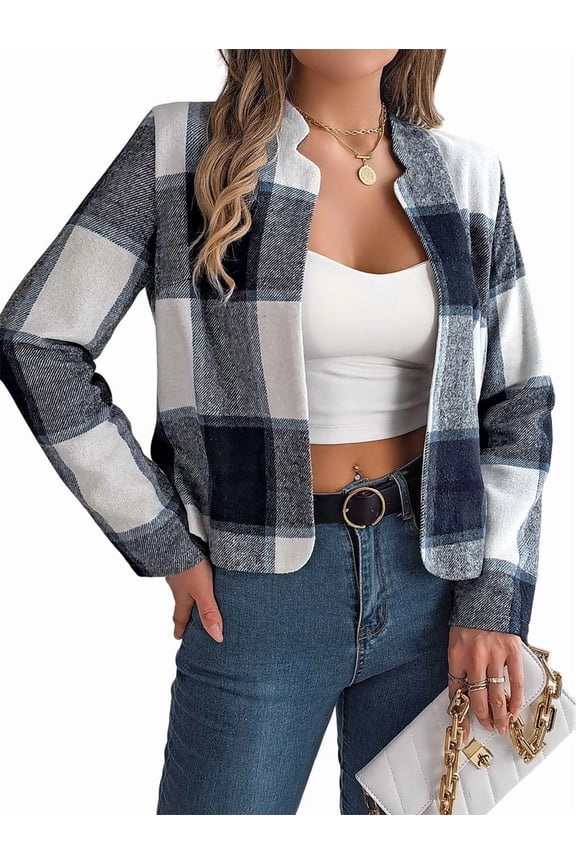 Women'S Cropped Plaid Shacket Jacket Button Down Long Sleeve Shirts Tops Navy Blue S