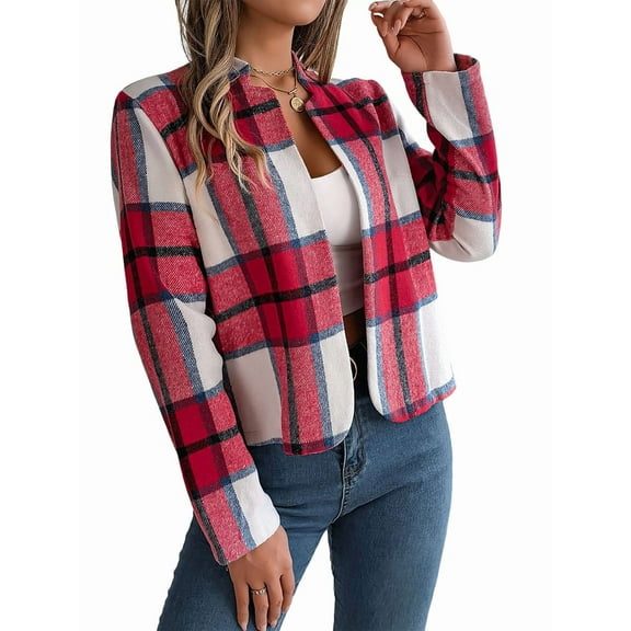 Women'S Cropped Plaid Shacket Jacket Button Down Long Sleeve Shirts Tops Red M