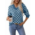 thumbnail image 1 of Women'S Cropped Plaid Sweater V-Neck Long Sleeve Crop Sweater Pullover Jumper Knit Top Blue M, 1 of 7