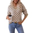 thumbnail image 1 of Women'S Cropped Plaid Sweater V-Neck Long Sleeve Crop Sweater Pullover Jumper Knit Top Khaki S, 1 of 8