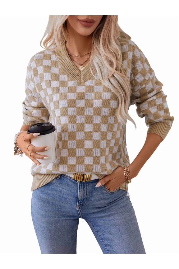 Women'S Cropped Plaid Sweater V-Neck Long Sleeve Crop Sweater Pullover Jumper Knit Top Khaki S