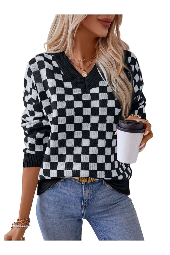 Women'S Cropped Plaid Sweater V-Neck Long Sleeve Crop Sweater Pullover Jumper Knit Top