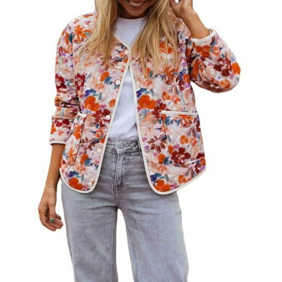 Women'S Cropped Puffer Jacket Vintage Cardigan Floral Printed Button Open Front Padded Quilted Coats Red M