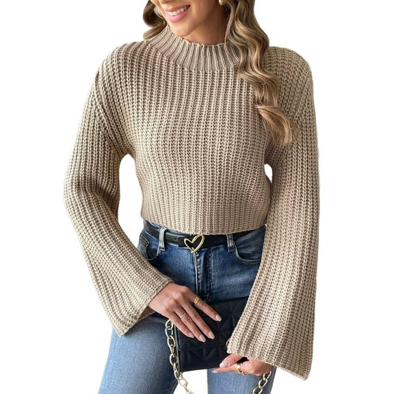 Women'S Cropped Sweater Knit Long Sleeve Crewneck Soft Pullover Sweater Top Khaki S
