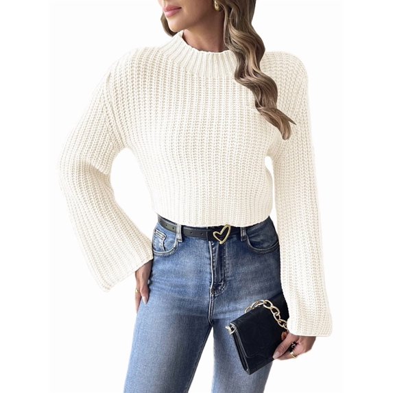 Women'S Cropped Sweater Knit Long Sleeve Crewneck Soft Pullover Sweater Top White M
