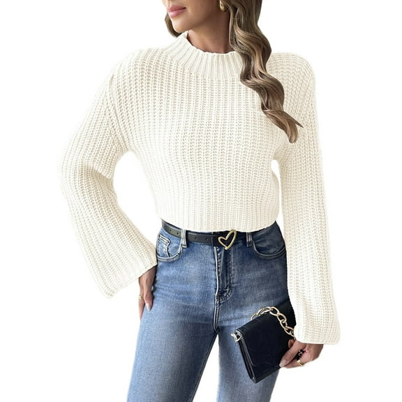 Women'S Cropped Sweater Knit Long Sleeve Crewneck Soft Pullover Sweater Top White S