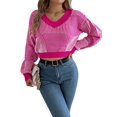 thumbnail image 1 of Women'S Cropped Sweater V-Neck Long Sleeve Crop Sweater Pullover Jumper Knit Top Rose Red M, 1 of 8