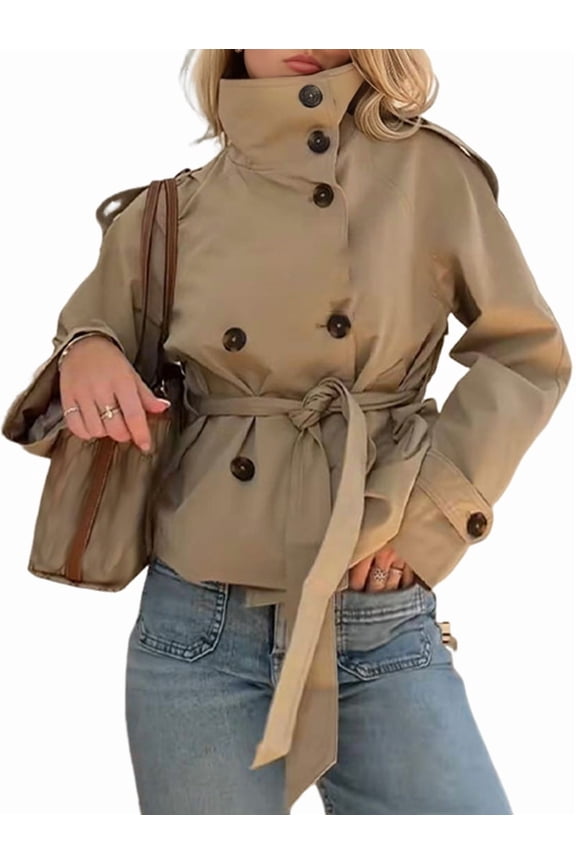 Women'S Cropped Trench Coat Double Breasted Short Jacket High Collar Fall Winter Coats Trendy Outfit with Belt Khaki M
