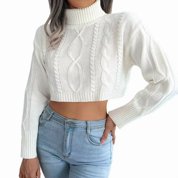Women'S Cropped Turtle-Neck Sweater Knitted Pullover Sweaters Long Sleeve Crew Neck Jumper Tops White S