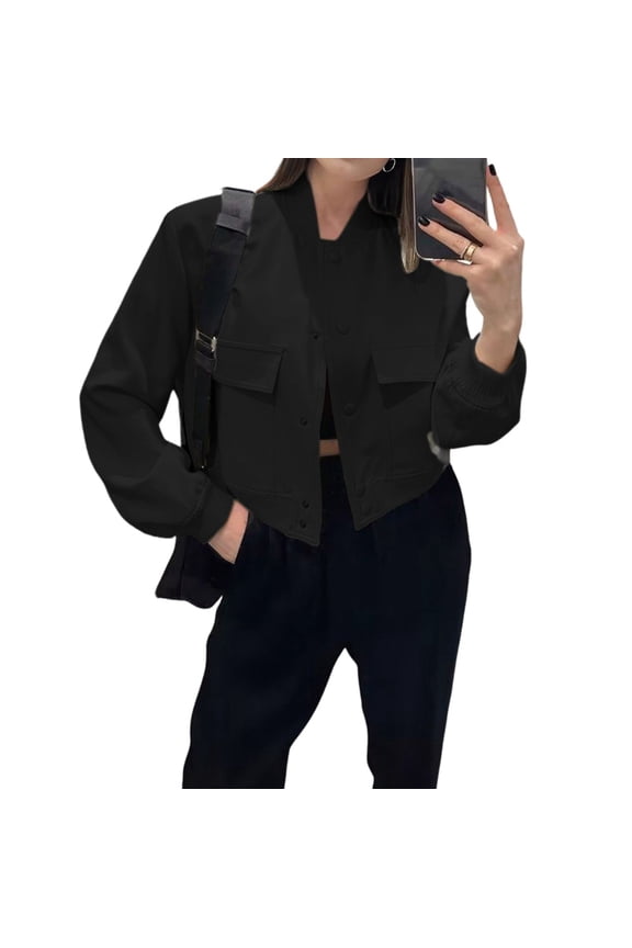 Women'S Cropped Varsity Jackets Long Sleeve Button Down Casual Coat with Pockets Outwear Black S